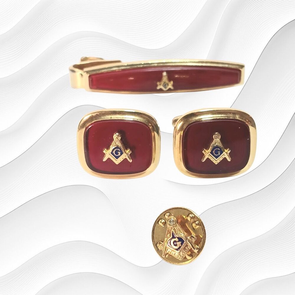 Vtg. Masonic Tie Bar & Cufflinks by Speidel Red Stones, Goldtone + Lapel Pin